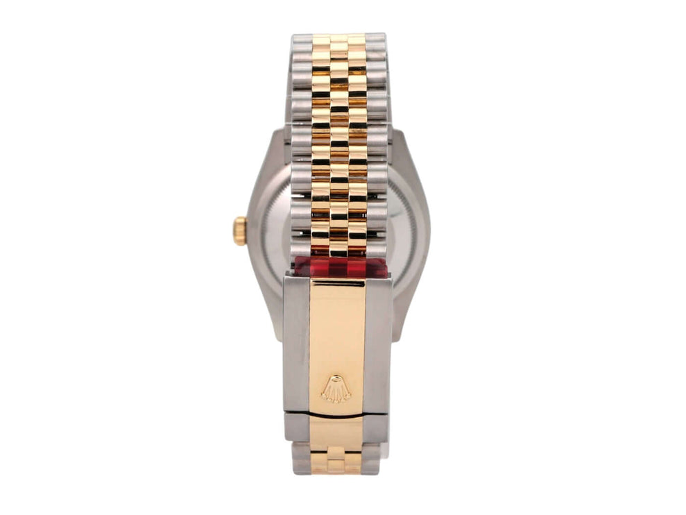 Rolex Datejust 36 126233 Schwarz Diamant Jubile-Band Rückansicht mit Edelstahl- und Gelbgoldarmband.