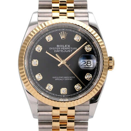 Rolex Datejust 36 Oystersteel / Gelbgold Ref. 126233 Schwarz Diamant Jubile-Band mit schwarzem Zifferblatt