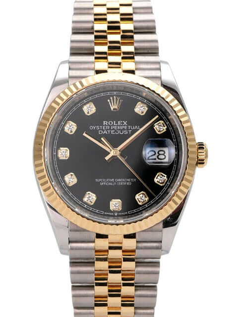 Rolex Datejust 36 Oystersteel / Gelbgold Ref. 126233 Schwarz Diamant Jubile-Band mit schwarzem Zifferblatt