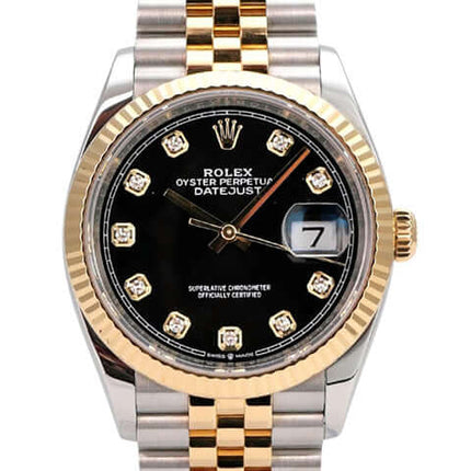 Rolex Datejust 36 Oystersteel Gelbgold 126233 Schwarz Diamant Jubile-Band mit schwarzem Diamantzifferblatt und Gelbgoldlünette