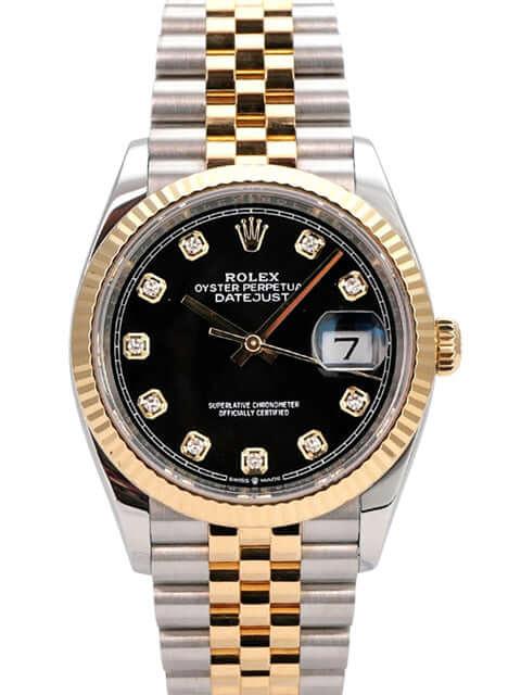Rolex Datejust 36 Oystersteel Gelbgold 126233 Schwarz Diamant Jubile-Band mit schwarzem Diamantzifferblatt und Gelbgoldlünette