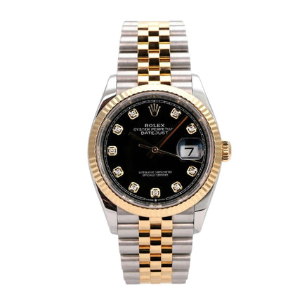 Rolex Datejust 36 Oystersteel Gelbgold 126233 Schwarz Diamant Jubile-Band, schwarzes Zifferblatt