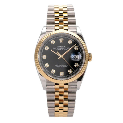 Rolex Datejust 36 Oystersteel / Gelbgold Ref. 126233 Schwarz Diamant Jubile-Band mit schwarzem Zifferblatt und Diamanten.