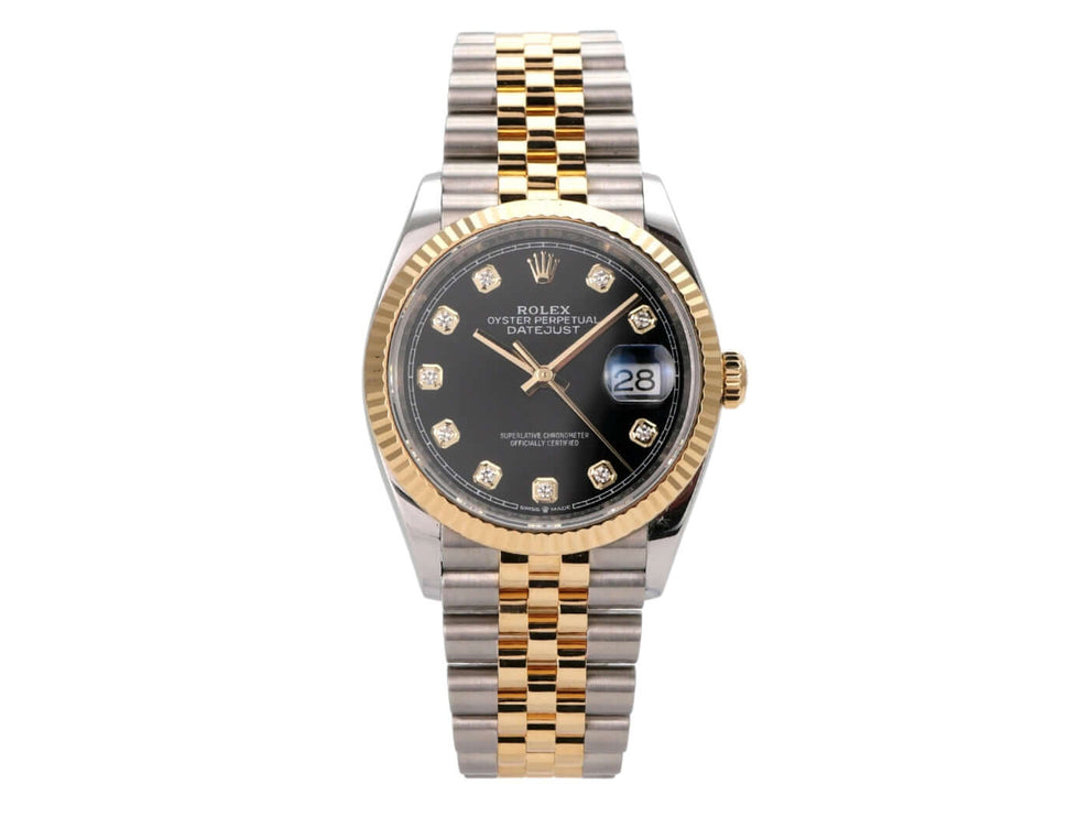 Rolex Datejust 36 Oystersteel / Gelbgold Ref. 126233 Schwarz Diamant Jubile-Band mit schwarzem Zifferblatt und Diamanten.