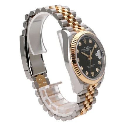 Rolex Datejust 36 Oystersteel / Gelbgold Ref. 126233 Schwarz Diamant Jubile-Band mit schwarzem Zifferblatt und Diamanten.