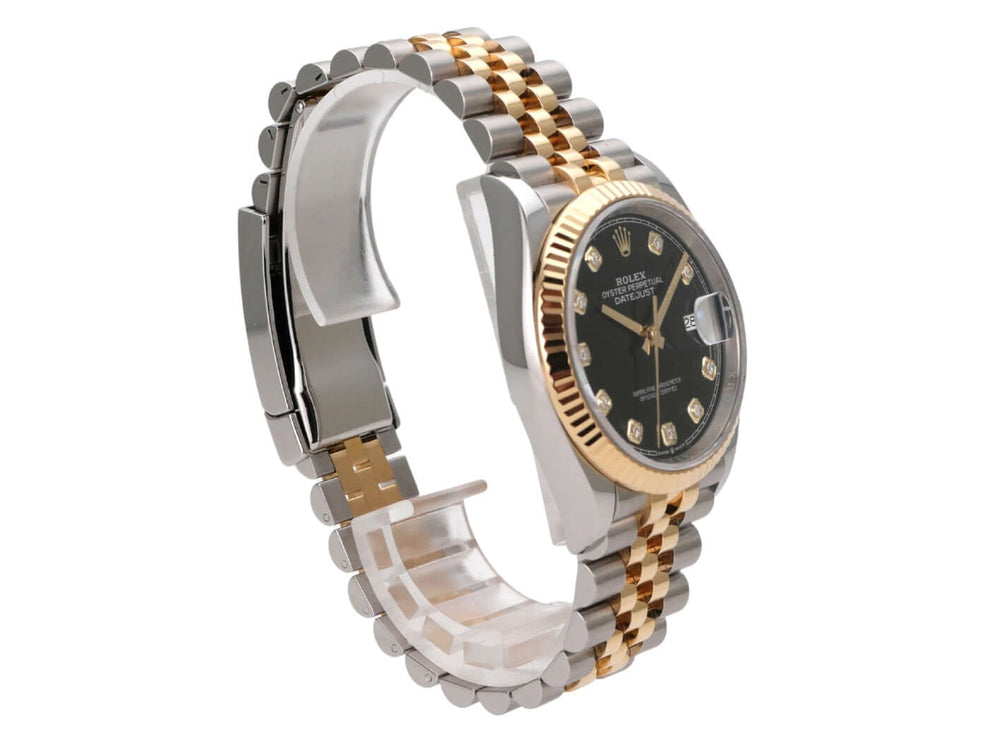 Rolex Datejust 36 Oystersteel / Gelbgold Ref. 126233 Schwarz Diamant Jubile-Band mit schwarzem Zifferblatt und Diamanten.