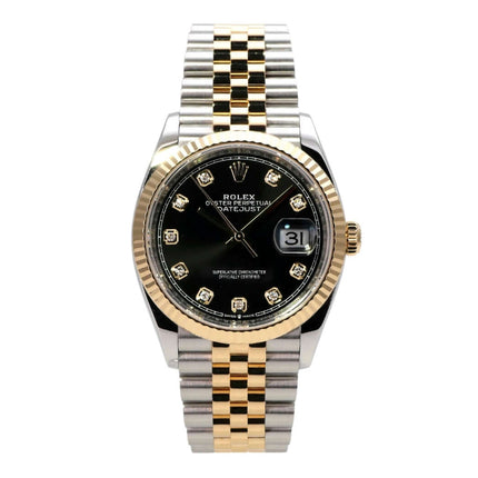 Rolex Datejust 36 126233 Schwarz Diamant Jubile-Band mit Edelstahl- und Gelbgold-Armband.
