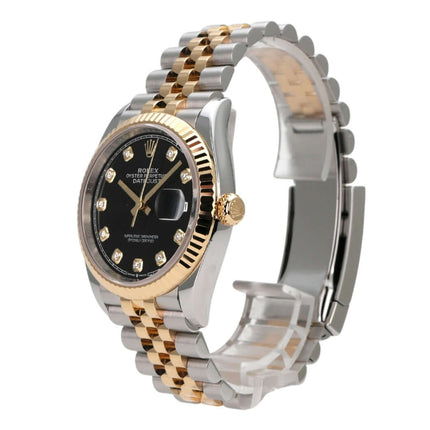 Rolex Datejust 36 126233 Schwarz Diamant Jubile-Band mit Edelstahl- und Gelbgold-Design.