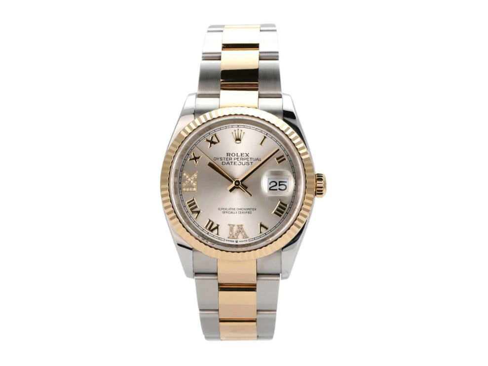 Rolex Datejust 36 in Oystersteel und Gelbgold, silberfarbenes Zifferblatt, Diamanten, Referenz 126233, elegantes Design.