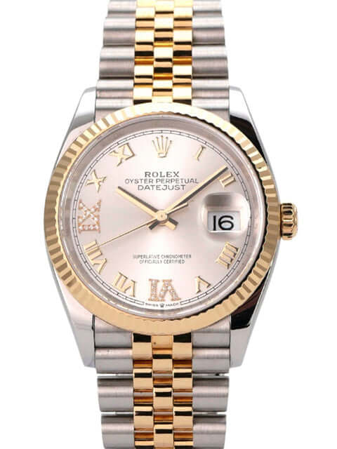 Rolex Datejust 36 Edelstahl Gold 126233 Silber R Diamant Jubile-Band mit silbernem Zifferblatt und Goldakzenten.