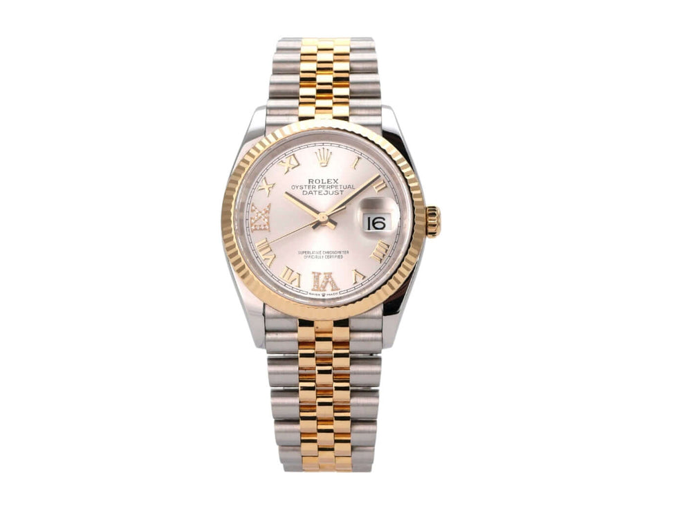 Rolex Datejust 36 Edelstahl Gold 126233 Silber R Diamant Jubile-Band mit rhodiumfarbener Zifferblatt und Jubilé-Armband.