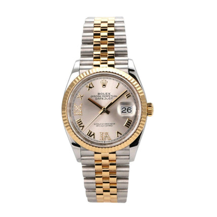 Rolex Datejust 36 Edelstahl Gold 126233 Silber R Diamant Jubile-Band in poliertem Edelstahl und Gelbgold.