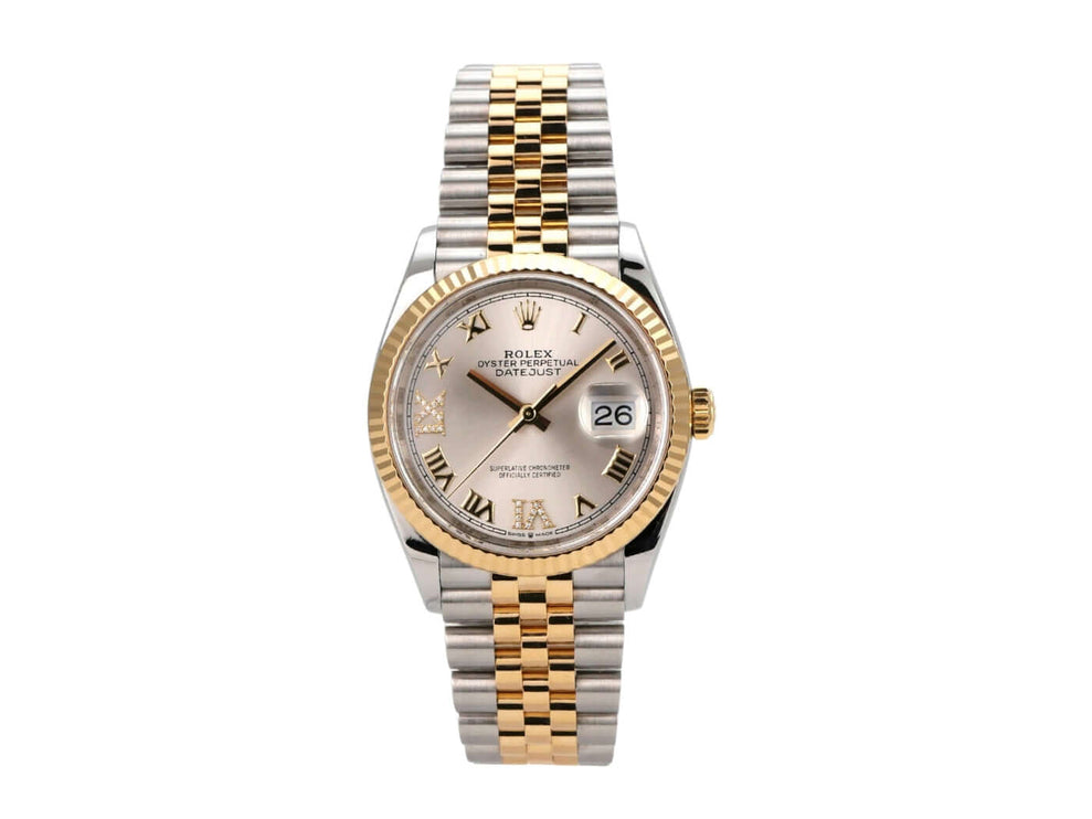 Rolex Datejust 36 Edelstahl Gold 126233 Silber R Diamant Jubile-Band in poliertem Edelstahl und Gelbgold.