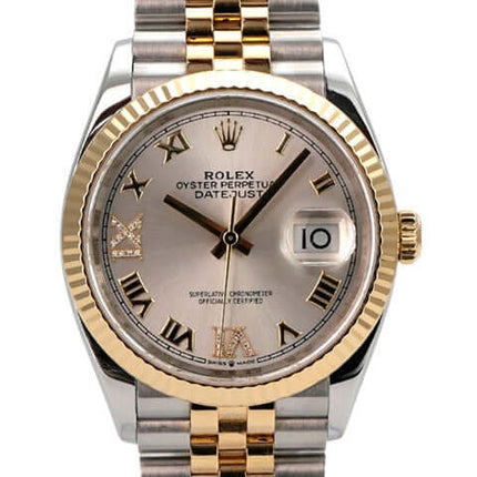 Rolex Datejust 36 Edelstahl Gold 126233 Silber R Diamant Jubile-Band mit silberfarbenem Zifferblatt und Diamanten.