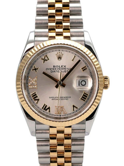 Rolex Datejust 36 Edelstahl Gold 126233 Silber R Diamant Jubile-Band mit silberfarbenem Zifferblatt und Diamanten.