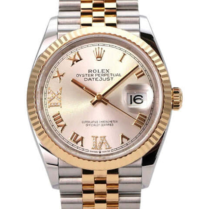 Rolex Datejust 36 Edelstahl Gold 126233 Silber R Diamant Jubile-Band mit silbernem Zifferblatt und Diamanten.