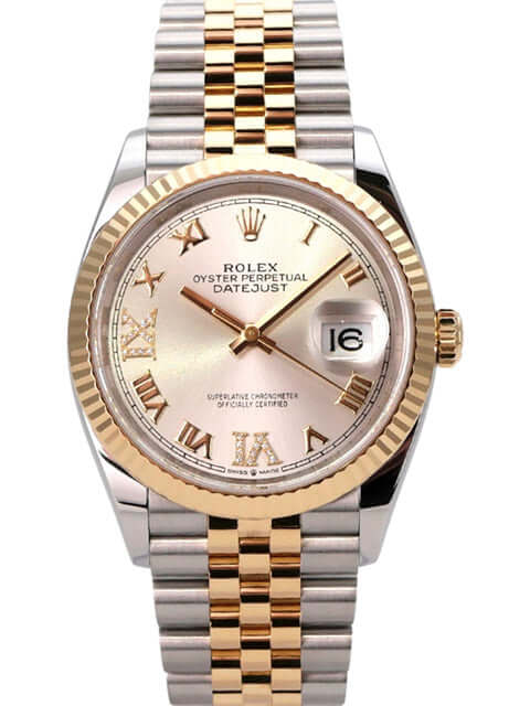 Rolex Datejust 36 Edelstahl Gold 126233 Silber R Diamant Jubile-Band mit silbernem Zifferblatt und Diamanten.