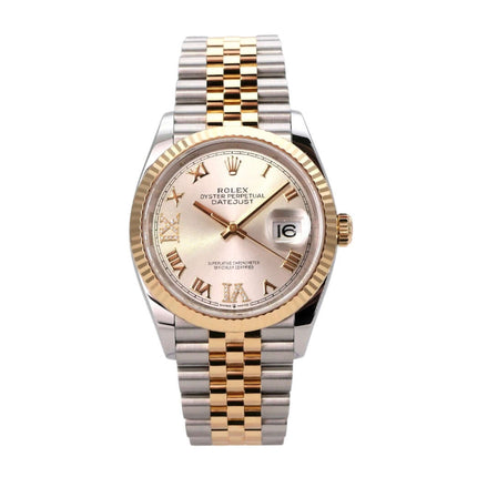 Rolex Datejust 36 Edelstahl Gold 126233 Silber R Diamant Jubile-Band mit Zifferblatt in Silber und goldfarbenen Akzenten.