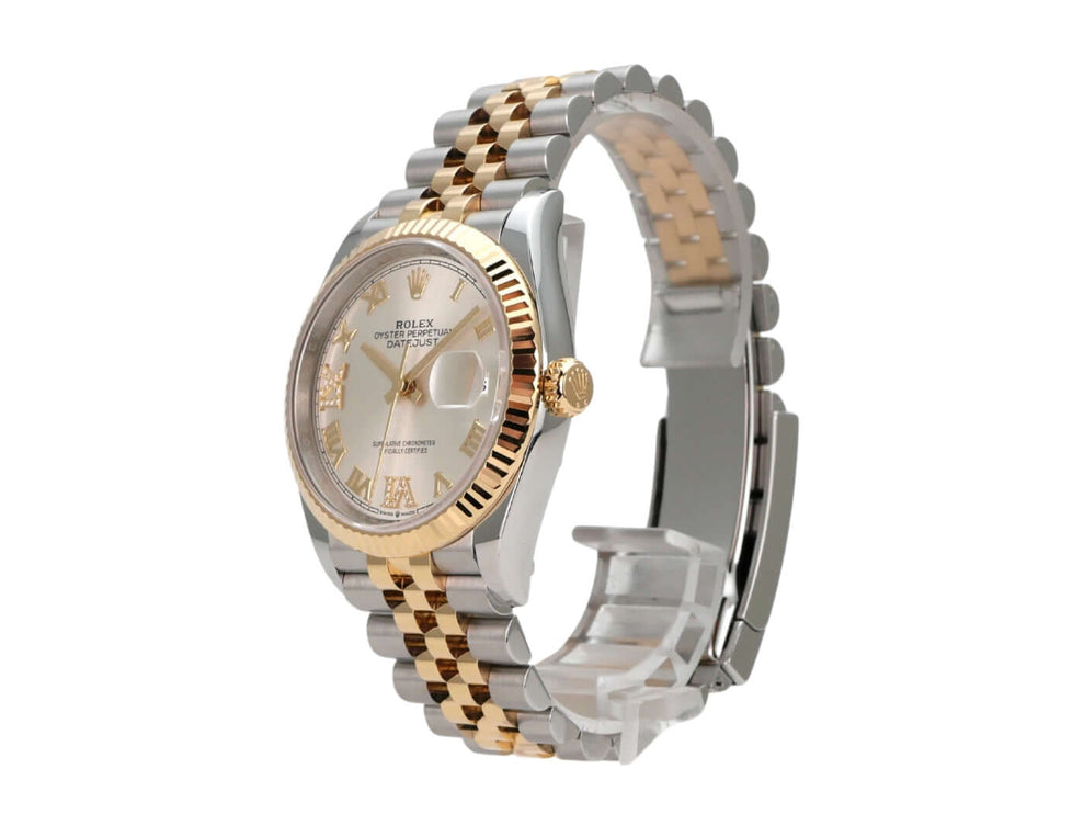 Rolex Datejust 36 Edelstahl Gold 126233 Silber R Diamant Jubile-Band seitliche Ansicht mit silberfarbenem Zifferblatt und Diamanten.