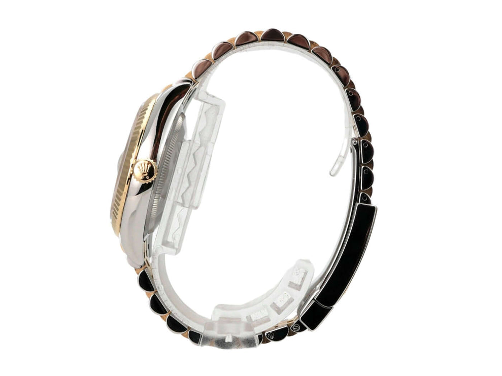 Rolex Datejust 36 Edelstahl Gold 126233 Silber R Diamant Jubile-Band seitliche Ansicht des Armbands und Gehäuses.