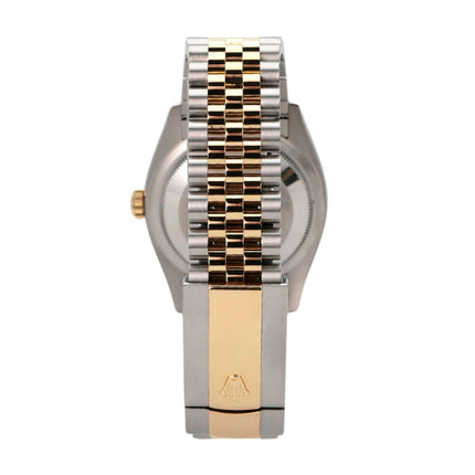 Rolex Datejust 36 Edelstahl Gold 126233 Silber R Diamant Jubile-Band Rückansicht mit Edelstahl- und Gelbgoldarmband.
