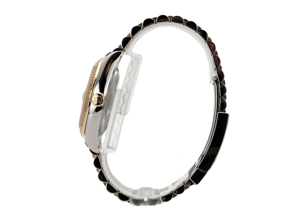 Rolex Datejust 36 Oystersteel Gelbgold 126233 Weiß Jubile-Band seitliche Ansicht des Uhrengehäuses