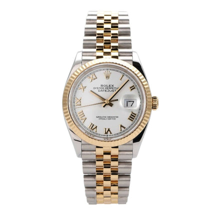 Rolex Datejust 36 Edelstahl Gelbgold 126233 mit weißem Zifferblatt und römischen Ziffern, Jubilé-Armband