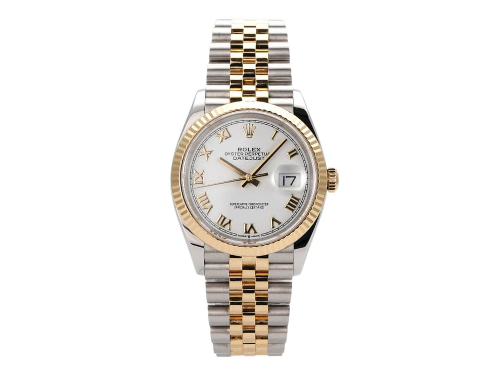 Rolex Datejust 36 Edelstahl Gelbgold 126233 mit weißem Zifferblatt und römischen Ziffern, Jubilé-Armband