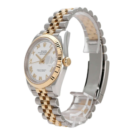 Rolex Datejust 36 Edelstahl Gelbgold 126233 mit weißem Zifferblatt und römischen Ziffern, Jubilé-Armband.