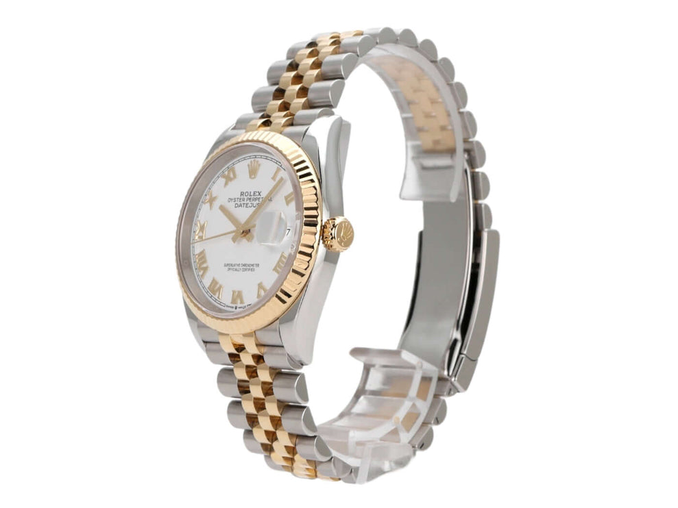Rolex Datejust 36 Edelstahl Gelbgold 126233 mit weißem Zifferblatt und römischen Ziffern, Jubilé-Armband.