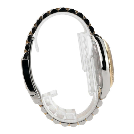 Rolex Datejust 36 Edelstahl Gelbgold 126233 seitliche Ansicht mit Jubilé-Armband und geriffelter Lünette.