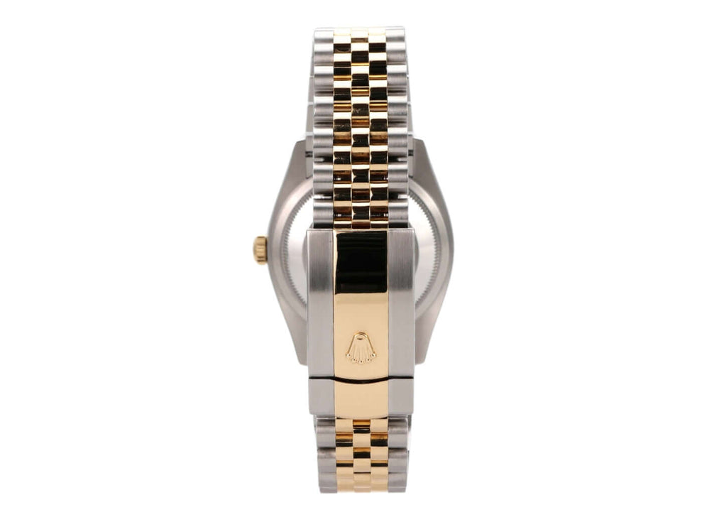 Detailaufnahme der Rolex Datejust 36 Edelstahl Gelbgold mit Jubilé-Armband von der Seite.