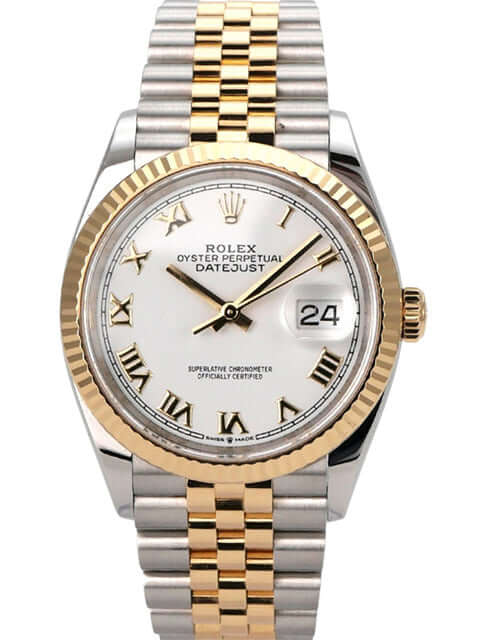 Rolex Datejust 36 Oystersteel Gelbgold 126233 Weiß Römisch Jubile-Band Uhr mit poliertem Gehäuse und weißem Zifferblatt.
