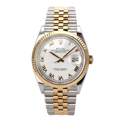 Rolex Datejust 36 Oystersteel Gelbgold 126233 Weiß Römisch Jubile-Band Luxus-Uhr mit Edelstahl und Gelbgold.