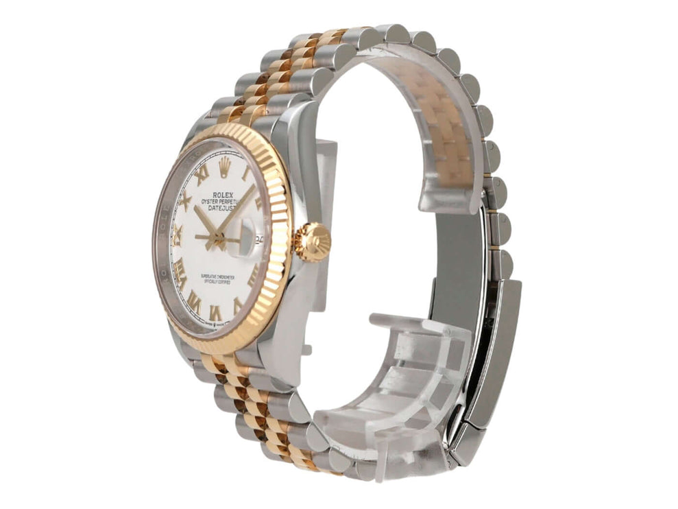 Rolex Datejust 36 Oystersteel Gelbgold 126233 Weiß Römisch Jubile-Band seitliche Ansicht der Uhr