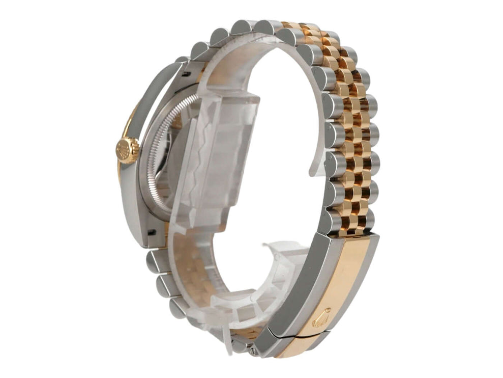 Rolex Datejust 36 Oystersteel Gelbgold 126233 Weiß Römisch Jubile-Band seitliche Ansicht des Jubilé Armbands