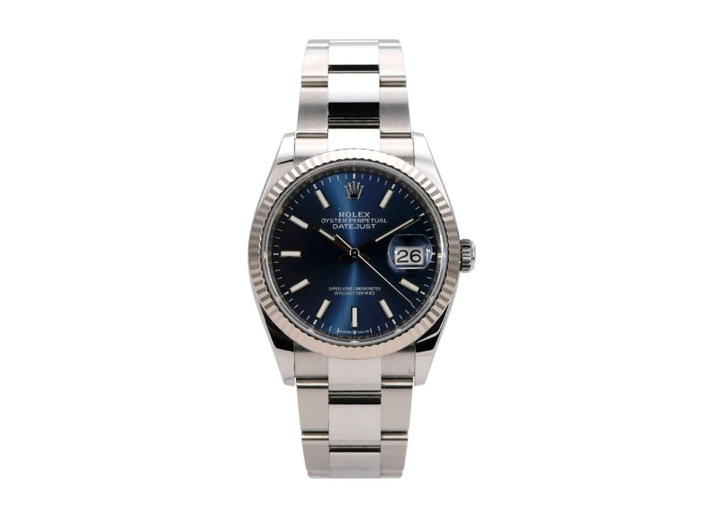 Rolex Datejust 36 Oystersteel Weißgold 126234 Blau mit blauem Zifferblatt und Oyster Edelstahlband.