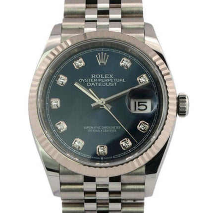 Rolex Datejust 36 mm 126234, Blaues Zifferblatt mit Diamanten, Weißgold-Lünette, Jubilé-Band, Automatik, aus 2020, Edelstahl Oystersteel.