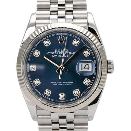 Rolex Datejust 36 Oystersteel Weißgold 126234 Blau Diamant Jubile-Band Uhr mit blauem Zifferblatt und Diamanten.