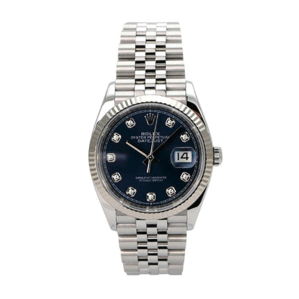 Rolex Datejust 36 Oystersteel Weißgold 126234 Blau Diamant Jubile-Band mit diamantbesetztem Zifferblatt.
