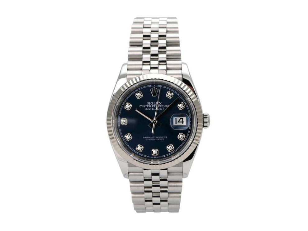 Rolex Datejust 36 Oystersteel Weißgold 126234 Blau Diamant Jubile-Band mit diamantbesetztem Zifferblatt.