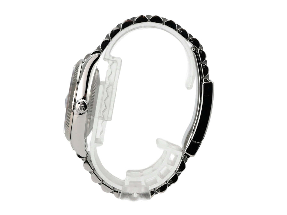 Rolex Datejust 36 Oystersteel Weißgold 126234 Blau Diamant Jubile-Band seitliche Ansicht des Uhrenarmbands.