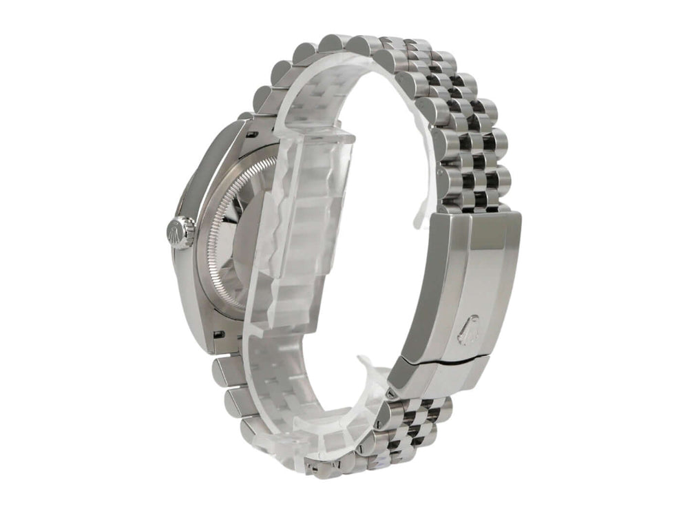 Rolex Datejust 36 Oystersteel Weißgold 126234 Blau Diamant Jubile-Band seitlicher Blick auf Edelstahlband und Gehäuse.