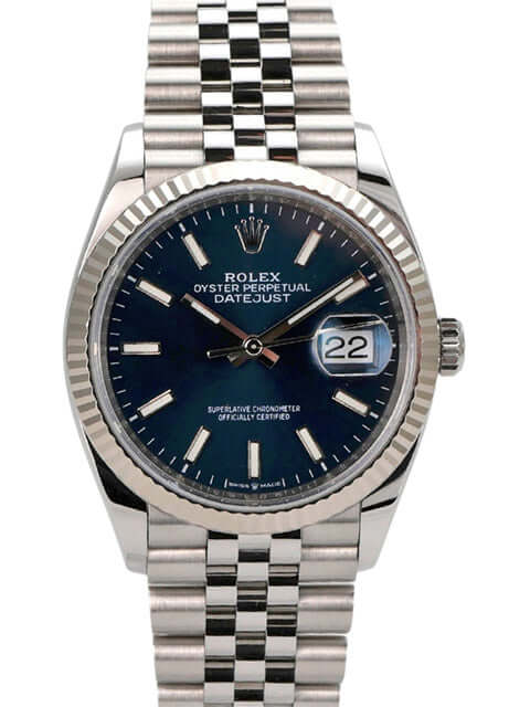 Rolex Datejust 36 in Oystersteel und 18 kt Weißgold mit blauem Zifferblatt und Jubile-Band