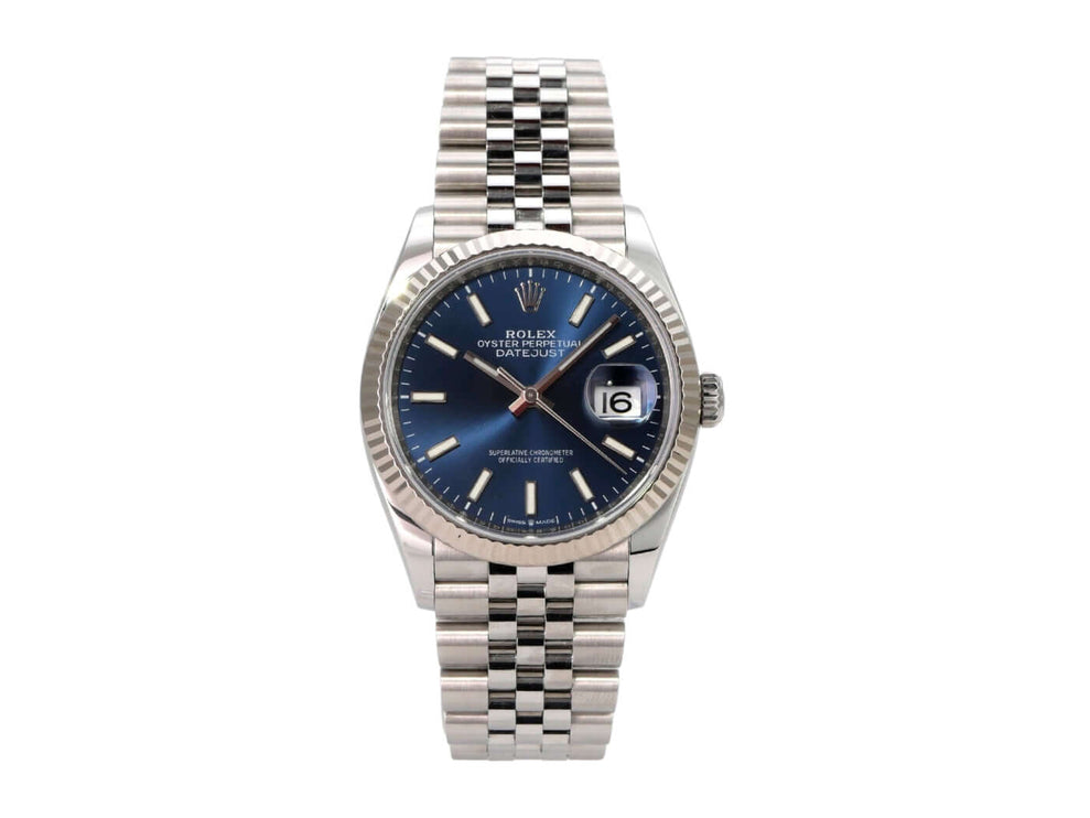 Rolex Datejust 36 Oystersteel Weißgold 126234 Blau Jubile-Band, blaue Rolex Uhr mit Datum