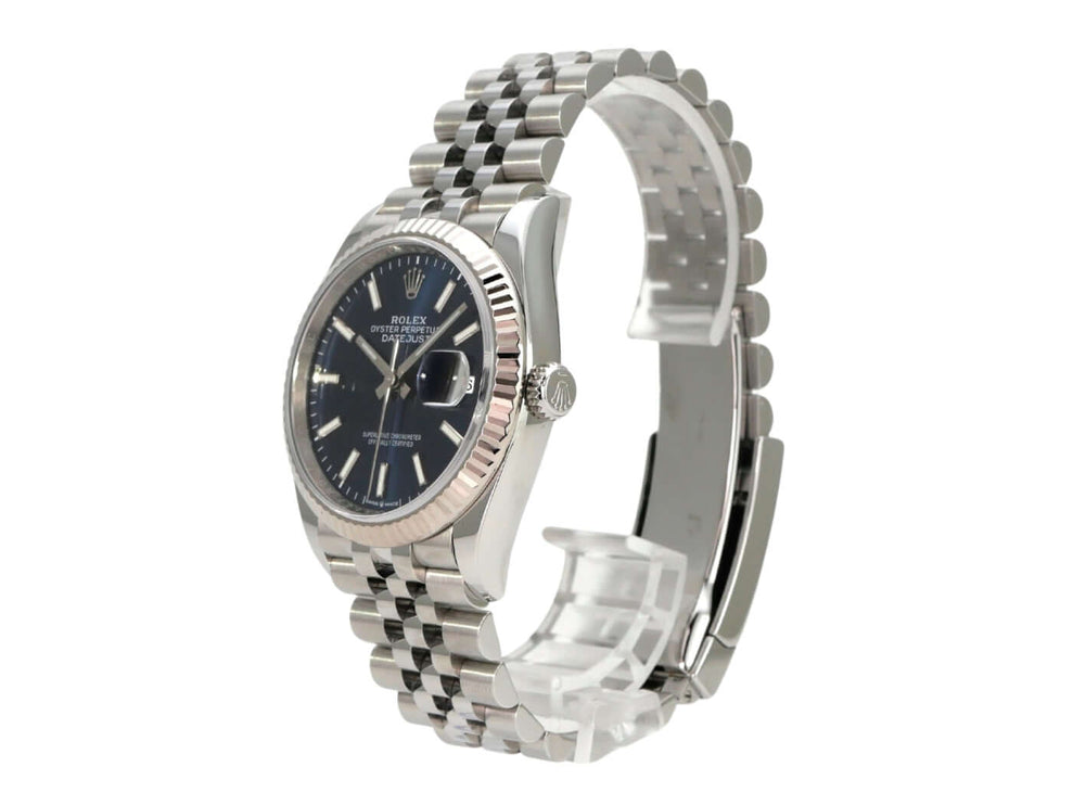 Rolex Datejust 36 Oystersteel Weißgold 126234 Blau Jubile-Band, blaue Zifferblattansicht
