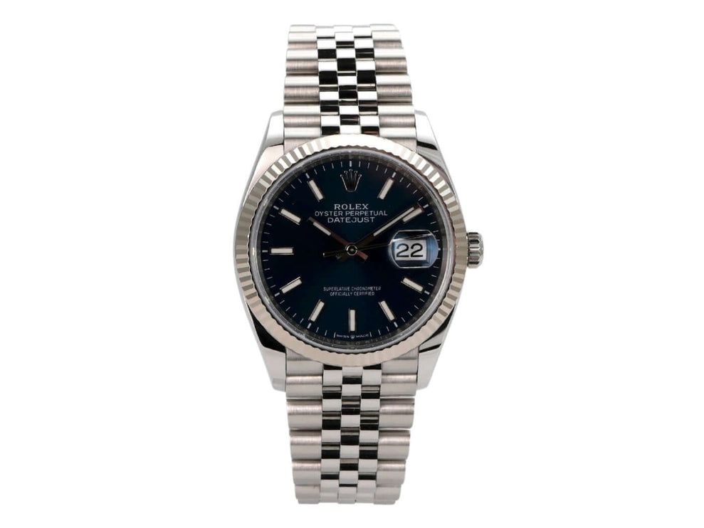 Rolex Datejust 36 Oystersteel Weißgold 126234 mit blauem Zifferblatt und Jubile-Edelstahlband, 2021.