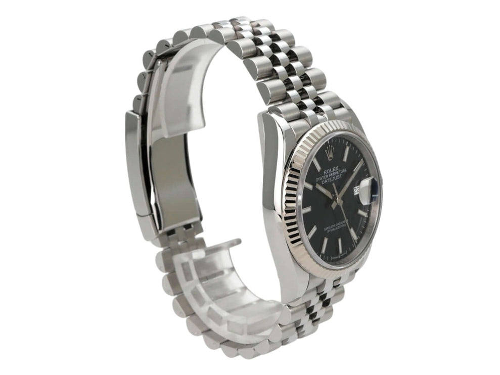 Rolex Datejust 36 mit Oystersteel und Jubile-Band, schwarzes Zifferblatt und Schweizer Automatik. Elegante Armbanduhr.