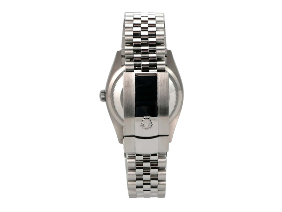 Rolex Datejust 36 mit Jubile-Band und Oystersteel Gehäuse, Ansicht von hinten, polierte Oberfläche.