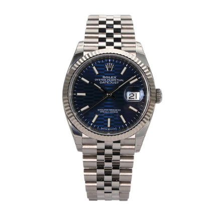 Rolex Datejust 36 Uhr, Oystersteel, Weißgold, blaues Riffelmuster-Zifferblatt, Jubile-Band, Referenz 126234.